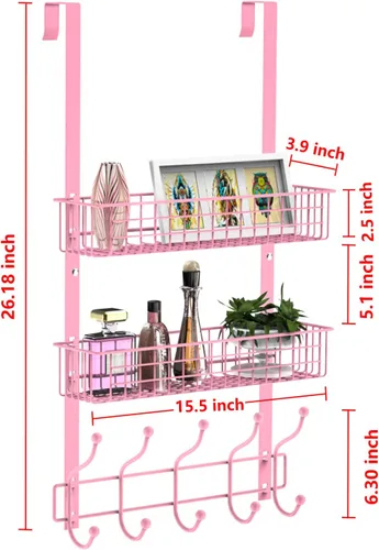 Miniatura 2 de Perchero, colgador sobre la puerta con cesta de malla, estante de almacenamiento desmontable para toallas, sombreros, bolsos, abrigos (rosa-2 cestas)