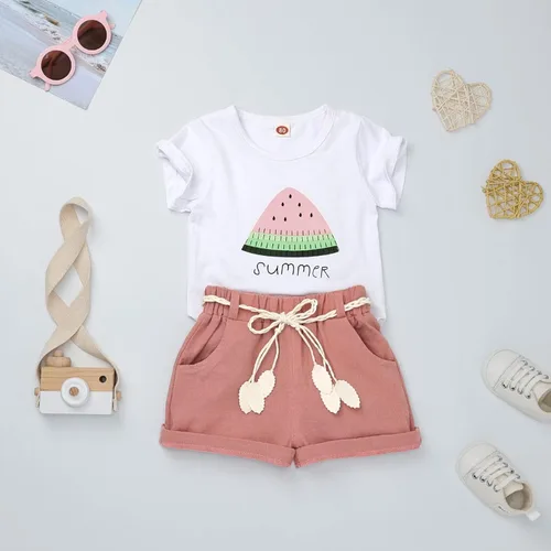 Miniatura 2 de FOCUTEBB Conjunto de ropa de verano para bebé niña, camiseta y pantalones cortos de lino con cinturón, lindo conjunto de ropa