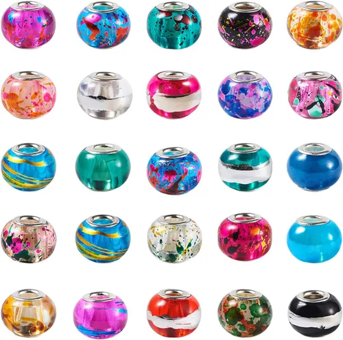 Craftdady 50 cuentas espaciadoras europeas de vidrio con agujero grande de 13-15x9-0.472 in Diapositivas Cuentas Rondelle Colores mezclados al azar