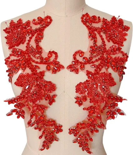 Miniatura 5 de Apliques de cuentas y diamantes de imitación hechos a mano para coser en parche de encaje de cristal, 1 par para ropa de bricolaje, vestido de Plata