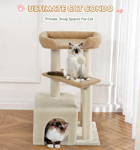 Miniatura 5 de Made4Pets - Árbol para gatos, torre de gato con alfombra gris para gatos de interior, lindo condominio de madera para gatitos con poste para rascar