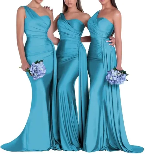 Miniatura 5 de One Shoulder Mermaid Bridesmaid Dresses Long Prom Dresses Satin Formal Evening Gowns with Train
