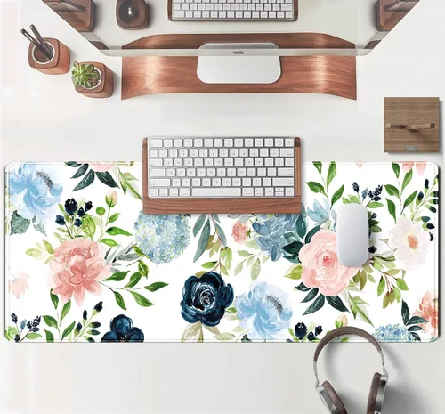 Miniatura 4 de Alfombrilla de escritorio verde para videojuegos, alfombrilla de mouse de escritorio, morado, azul, rosa, floral, grande, XL, grande, para teclado