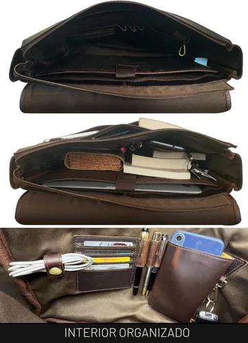 Miniatura 6 de Bolso de mensajero de cuero para hombre, 16 pulgadas, de grano completo, para laptop, vintage, cruzado, oficina, bolso de viaje Marrón oscuro
