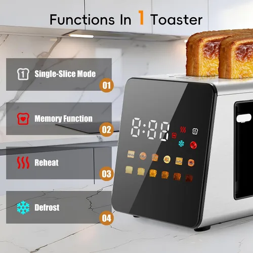 Miniatura 2 de WUNLY - Tostadora de 2 rebanadas con control táctil inteligente completo, función de memoria, tecnología de una sola ranura, 6 niveles de sombra y 6