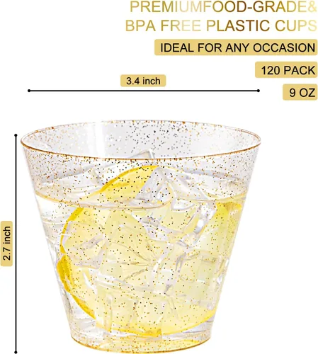 Miniatura 2 de Nervure 120 vasos de plástico con purpurina dorada, vasos de plástico resistentes de 9 onzas, vasos desechables dorados para bodas, Acción
