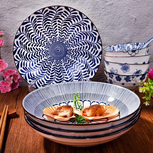 Miniatura 3 de Juego de 4 platos japoneses de cerámica blanca y azul de 8 pulgadas, platos grandes para aperitivos, pasta, postres y ensaladas, microondas, horno