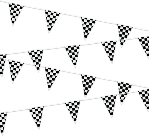 Banderines de banderín a cuadros – GREATRIL negro y blanco con temática de carreras triangulares para cumpleaños, garaje, decoración de fiesta de