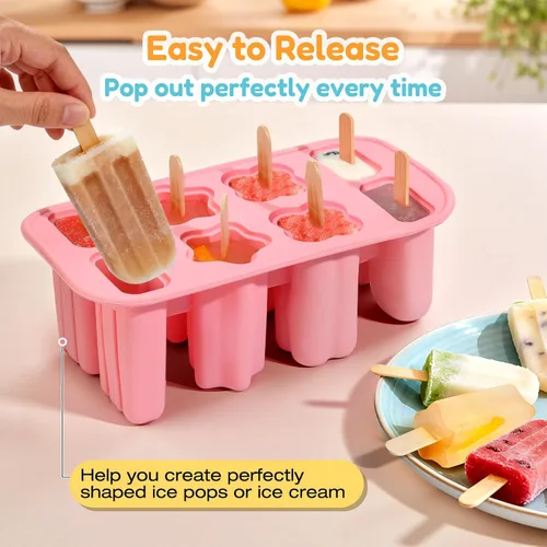 Miniatura 3 de Moldes de paletas de silicona, 8 cavidades con 50 palitos, molde para hacer paletas de hielo sin BPA con embudo y cepillo de limpieza para niños