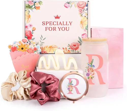 Miniatura 15 de Regalos de cumpleaños para mujeres – Caja de regalo personalizada con inicial con taza de vidrio con monograma, coleteros para el cabello y clip
