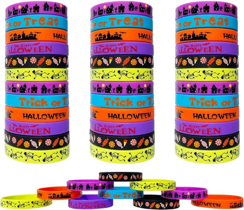 JAKADYUKS 60 pulseras de silicona para Halloween, pulseras de goma para fiestas, suministros escolares, regalos de devolución, juguetes a granel