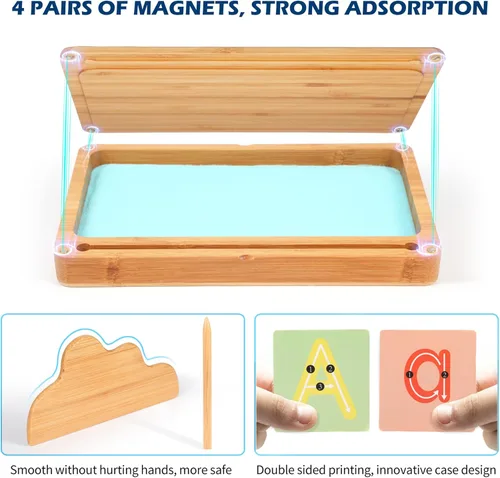 Miniatura 2 de AtMini Bandeja de arena para aula, bandeja de arena Montessori con tapa, bandejas de arena de madera para niños, letras y números (azul)