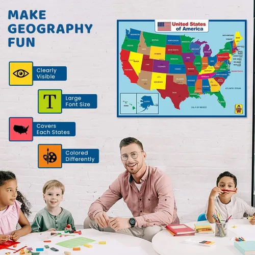 Miniatura 3 de Póster laminado del mapa de los Estados Unidos - Póster educativo doble cara para niños/adultos - Mapa impermeable de 17 x 23 pulgadas para el hogar