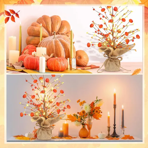 Miniatura 6 de Ganeen 2 piezas de decoración de mesa de árbol de otoño iluminado de Acción de Gracias LED de 18 pulgadas, mini centro de mesa de otoño, calabaza