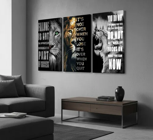 Miniatura 6 de 3 Piezas de Arte de Pared Inspirador para Oficina, Lienzo Moderno con Citas Motivacionales, Imágenes en Blanco y Negro de León, Decoración de Pared