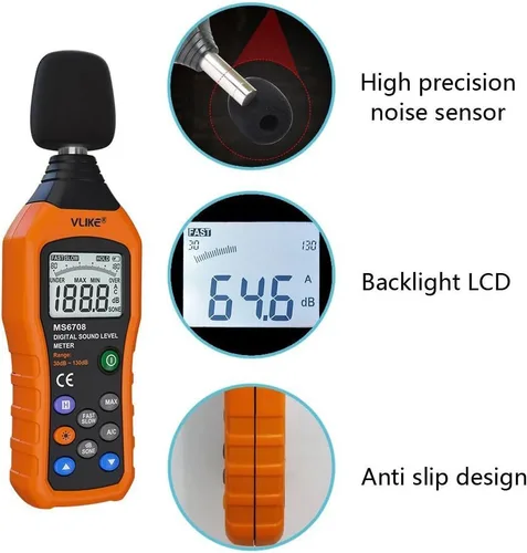 Miniatura 3 de Medidor de nivel de sonido Vlike LCD Digital audio sonido decibeles nivel de ruido Monitor dB Medición de 30 dB a 130 dB de ruido registro de fecha