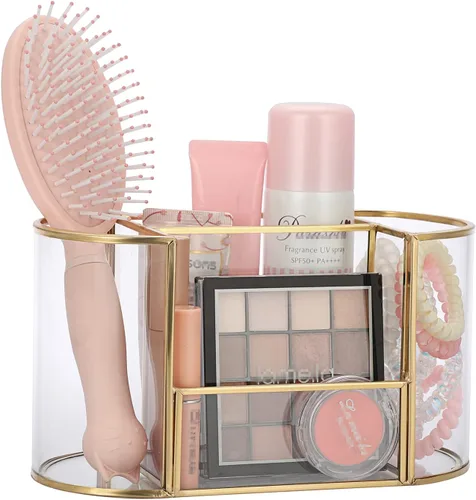Miniatura 8 de Hipiwe Soporte para brochas de maquillaje dorado, 4 ranuras, organizador de brochas de cosméticos de vidrio, soporte para control remoto, soporte