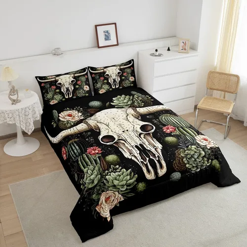 Miniatura 3 de Erosebridal Juego de ropa de cama de calavera de vaca bohemia tamaño individual para vaquero occidental, diseño de cactus y esqueletos negros, juego