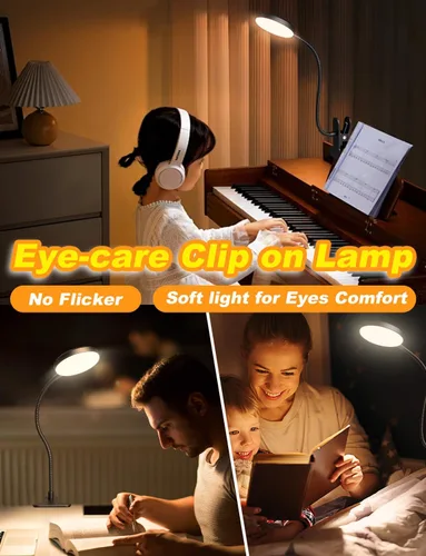Miniatura 6 de Lámpara de escritorio con abrazadera-10W, 2 en 1 con ambiente RGB y luz blanca cálida, luz de lectura de libros cambiable/cuello de cisne flexible
