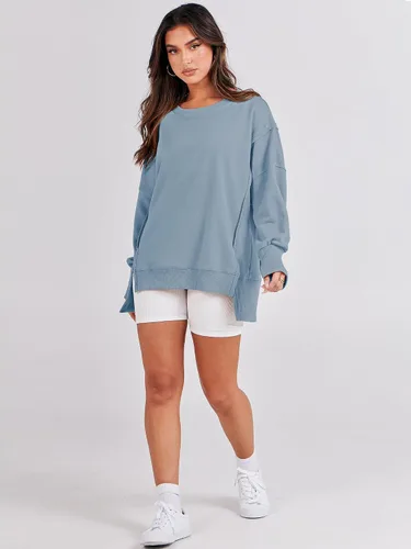 Miniatura 6 de ANRABESS Sudadera de gran tamaño para mujer, cuello redondo, manga larga, casual, con abertura, para otoño de 2024, ropa de preparación