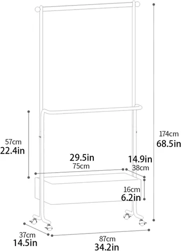 Miniatura 2 de Perchero de metal con ruedas, con estante de almacenamiento de madera, estantes de ropa rodantes para colgar ropa, perchero para dormitorio, Negro