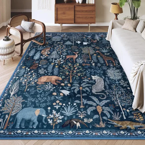 Miniatura 13 de OJIA Alfombras azules con estampado de selva de 5 x 7 pies para sala de estar, suaves, ultrafinas, lavables, para dormitorio, alfombra de entrada