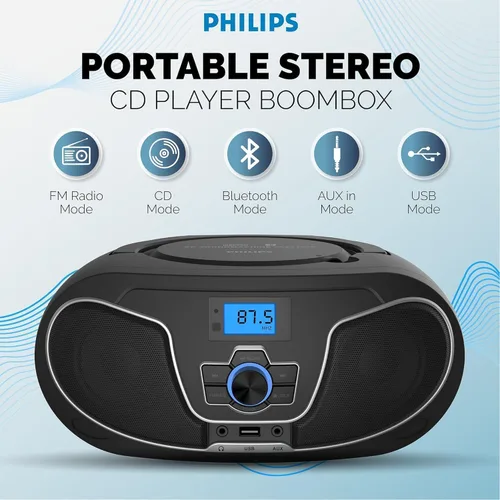 Miniatura 2 de Philips Boombox reproductor de CD, refuerzo dinámico de graves con Bluetooth, radio FM, reproducción USB y entrada AUX, Boombox portátil de carga