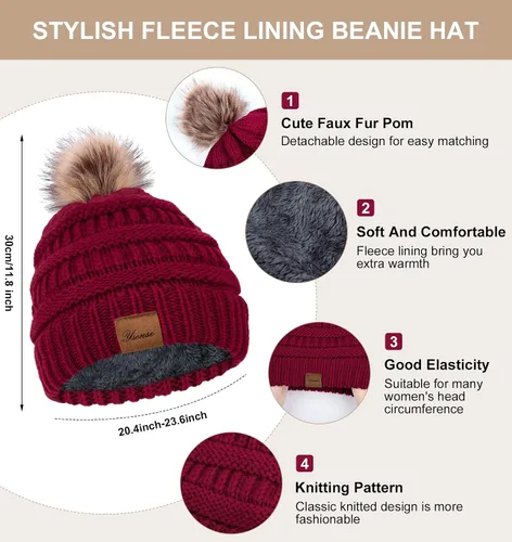 Miniatura 2 de YSense Conjunto de gorro de invierno para mujer, bufanda y guante, cálido forro polar con pompones, calentador de cuello y guantes para pantalla