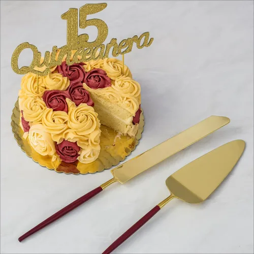 Miniatura 5 de Koyal Wholesale Juego de cuchillo y servidor para pastel de boda burdeos, cortador de pasteles y servidor con mango dorado para novia y novio, juego