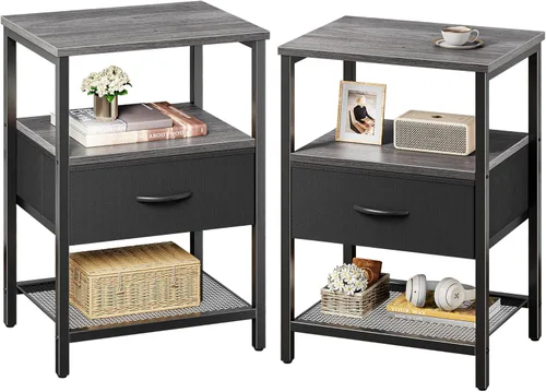 Miniatura 13 de Huuger Mesita de noche con cajón de tela, mesa auxiliar con estante de malla, mesita de noche para dormitorio, cómoda de cajones de tela, estante
