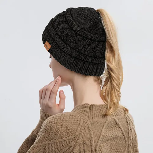 Miniatura 4 de Rosoz 1&2 Packs Ponytail Beanie for Women,Winter Warm Beanie Tail Soft Stretch Cable Knit Messy High Bun Hat