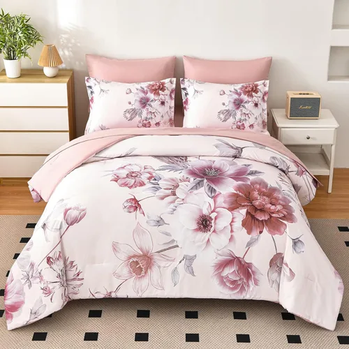 Miniatura 10 de Juego de edredón para cama Queen, juego de cama de 7 piezas en una bolsa, de microfibra suave, patrón floral de hojas negras sobre blanco