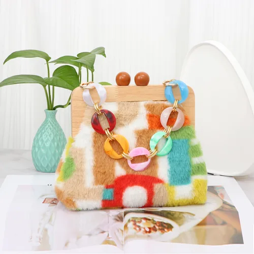 Miniatura 6 de Bolso de hombro de felpa de moda para mujer, bolso de noche con cierre de beso, suave y esponjoso, bolso de mano para fiesta de boda