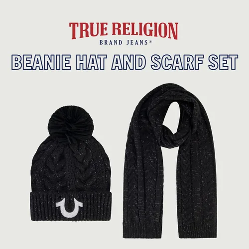 Miniatura 2 de True Religion Conjunto de gorro y bufanda para mujer, gorro de punto con puños de invierno con pompón de cable lúrex y gorro de bufanda