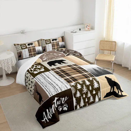 Miniatura 9 de Juego de edredón rústico para niños estilo granja de tamaño queen, juego de ropa de cama con diseño de astas de ciervo y huellas de oso, estampado a