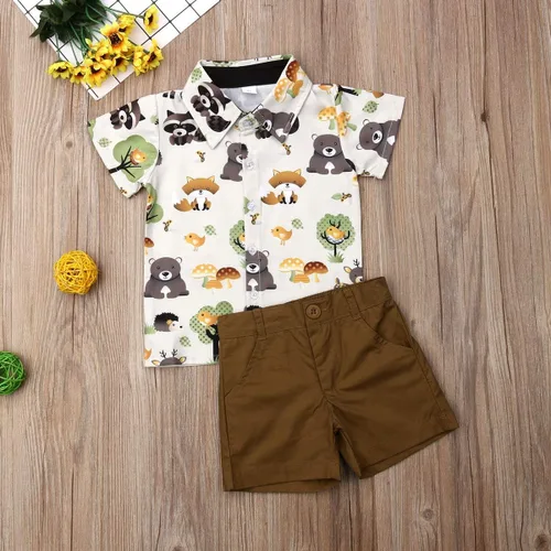 Miniatura 51 de Conjunto de camisa de manga corta con botones y pantalones cortos casuales con diseño de flamingo, para bebés y niños de 1 a 6 años, atuendos