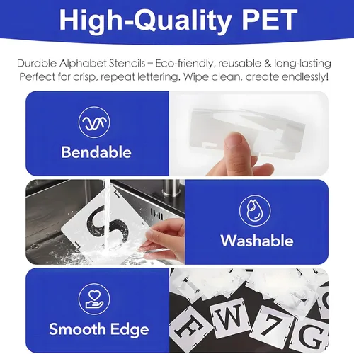 Miniatura 7 de Plantillas de letras para pintura, 65 plantillas de alfabeto reutilizables para manualidades, plantillas de dibujo de plástico PET entrelazadas