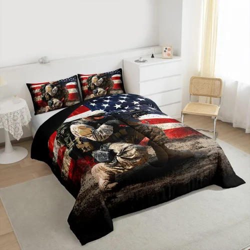 Miniatura 5 de Juego de edredón de bandera estadounidense para adultos, adolescentes, niños, soldado de camuflaje, edredón de plumón para niños y hombres, bandera