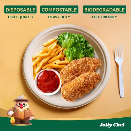 Miniatura 3 de JOLLY CHEF Platos compostables resistentes de 10 pulgadas [Paquete de 300] Platos de papel desechables ecológicos hechos de bagazo biodegradables a