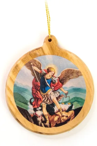 Miniatura 7 de Adornos de Navidad católicos – Sagrada Familia Bizantina Icono Redondo Adornos de Madera de Olivo de Tierra Santa – Pequeños adornos de Navidad
