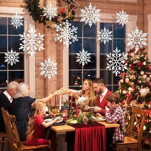 Miniatura 2 de 24 piezas de copos de nieve colgantes de Navidad grandes para exteriores, copos de nieve grandes blancos en diferentes tamaños para decoración