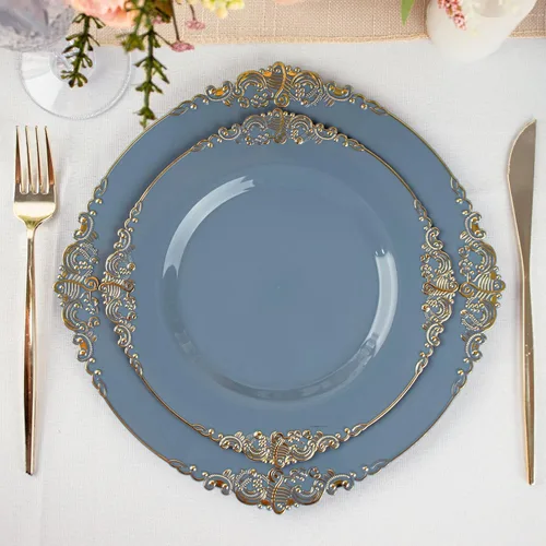 Miniatura 21 de Tableclothsfactory Paquete de 10 platos redondos de plástico barroco dorado de 8 pulgadas para ensalada de postre, vajilla desechable con borde