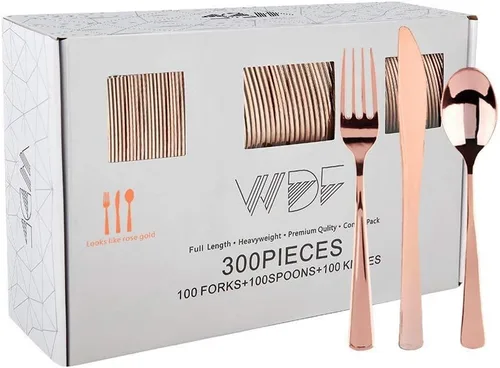 Miniatura 9 de WDF Juego de cubiertos de plástico dorado desechables de 500 piezas, juego de cubiertos dorados de plástico, 250 tenedores, 125 cucharas, 125