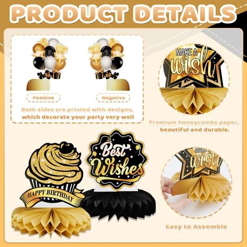 Miniatura 3 de 9 piezas de decoración de mesa de fiesta de cumpleaños, centros de mesa de panal de abeja de oro negro para mesa, decoración de mesa de cumpleaños