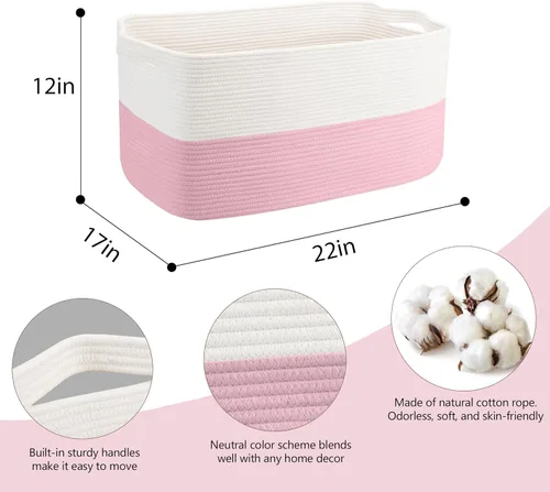 Miniatura 2 de MEGASKET Cesta de almacenamiento grande de color rosa, 22 x 17 x 12 pulgadas, contenedor rectangular de cuerda de algodón para organizar, Blanco