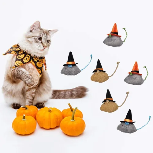 Miniatura 5 de 6 Paquetes Juguetes para Gatos Juguete Interactivo Sombrero Mágico de Bruja Disfraz Juguetes de Felpa en Forma de Ratón con Hierba Gatera