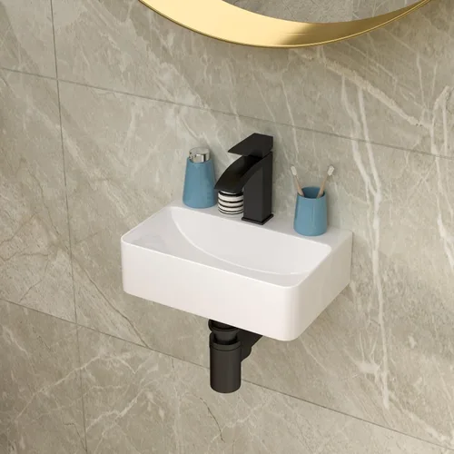 Miniatura 3 de Lordear Fregadero pequeño montado en la pared, fregadero de baño de esquina flotante para colgar en la pared, lavabo de cerámica blanca brillante