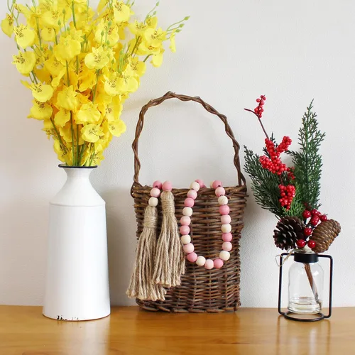 Miniatura 4 de CVHOMEDECO. Guirnalda de cuentas de madera con borlas de madera rústica para decoración de festivales en el hogar. Mezcla rosa envejecida
