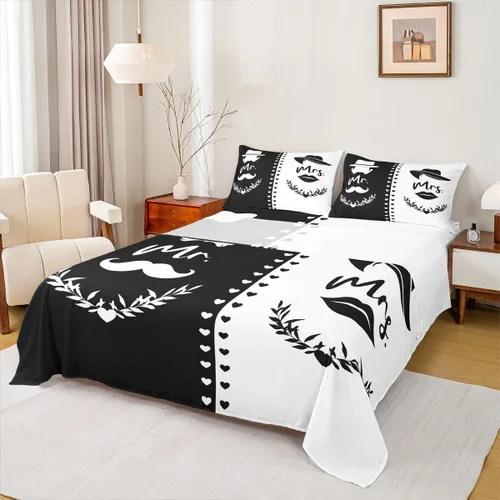 Miniatura 9 de Dog Side My Side - Juego de sábanas de tamaño Queen, color negro y blanco, sábana bajera ajustable para mujeres y hombres, sábanas románticas