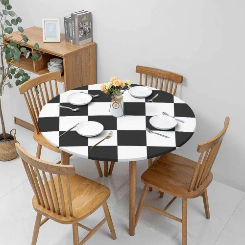 Miniatura 4 de Mantel de ajedrez blanco y negro con cuadrículas redondas, planos, abstracto, impermeable, lavable, para mesa de comedor ajustable de 40 a 44